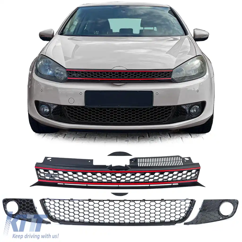 Grilaj radiator tip fagure fără emblemă + grilaj bara GLOSSY pentru VW Golf 6 08-13