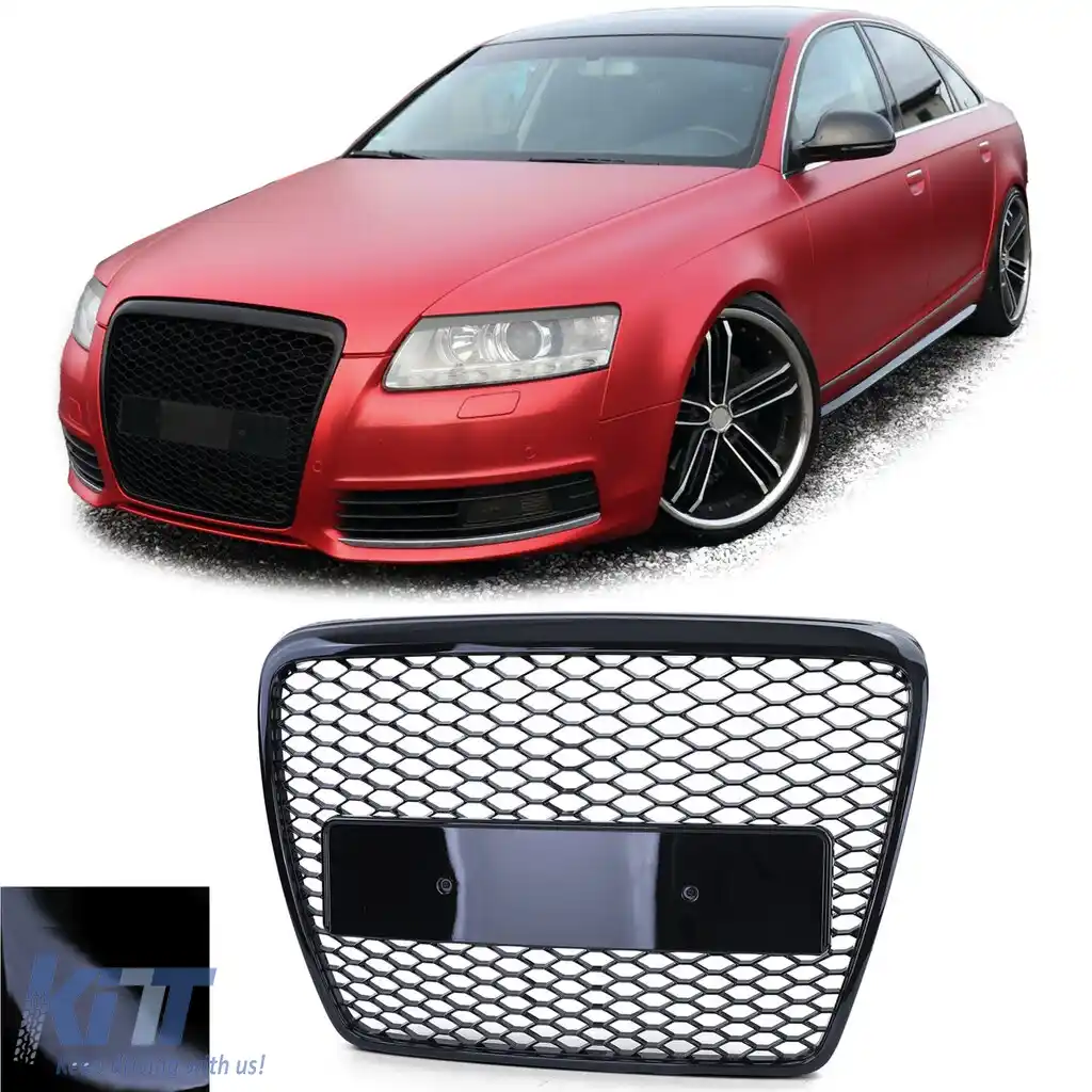 image-36-Grilaj Sport Tip fagure fără emblemă Negru lucios potrivit pentru Audi A6 C6 4F 08-11