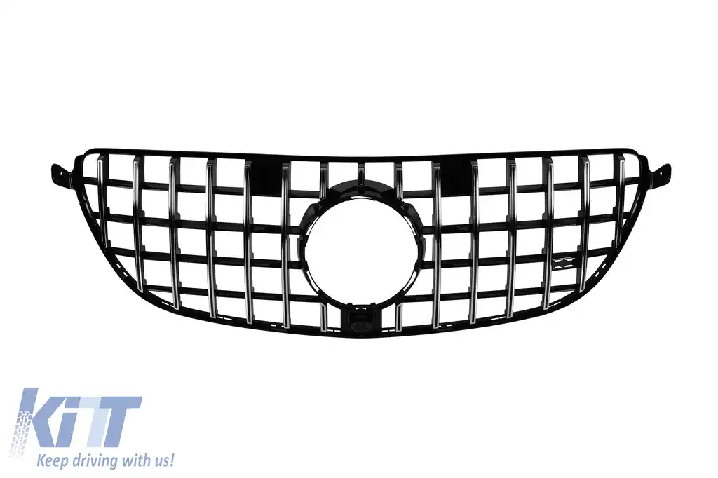 Grilaj tip GT crom/negru potrivit pentru bara de protecție 63 A Design pe Mercedes GLE SUV W166, GLE Coupe C292 2015-2019 cu deschidere pentru cameră