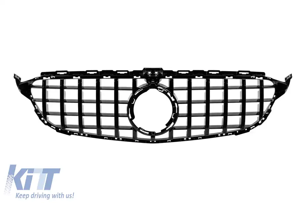 Grilaj tip GT lacuit negru, potrivit pentru Mercedes Clasa C W205 sedan, S205 break, C205 coupe după 2019, cu deschidere pentru cameră