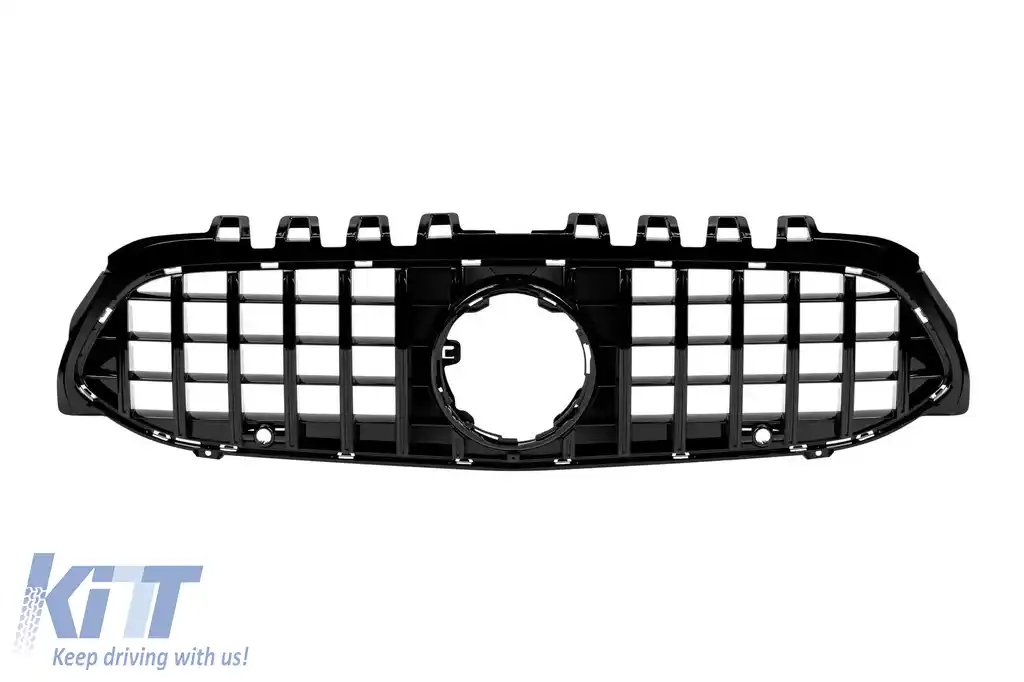 Grilaj tip GT vopsit negru, potrivit pentru Mercedes Clasa A W177 2018-2022, cu deschidere pentru cameră