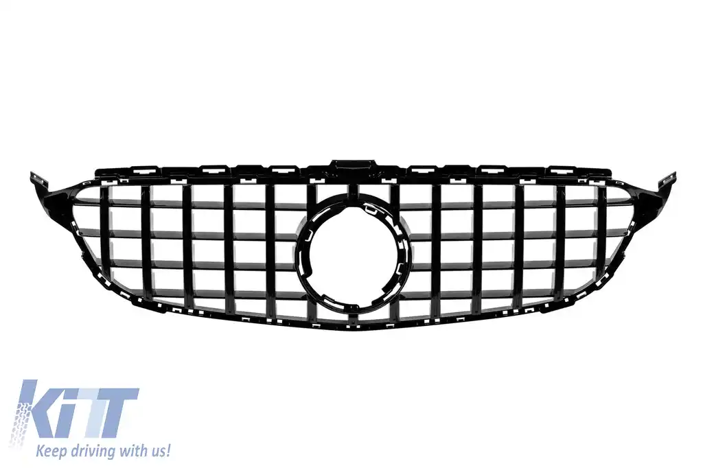 Grilaj tip GT vopsit negru, potrivit pentru Mercedes Clasa C W205 sedan, S205 break, C205 coupe după 2019, fără deschidere pentru cameră