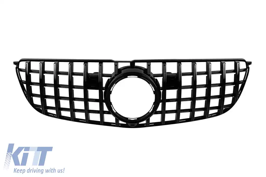 Grilaj tip GT vopsit negru, potrivit pentru Mercedes GLS X166 2016-2019, cu deschidere pentru cameră - clips defect (lipit)