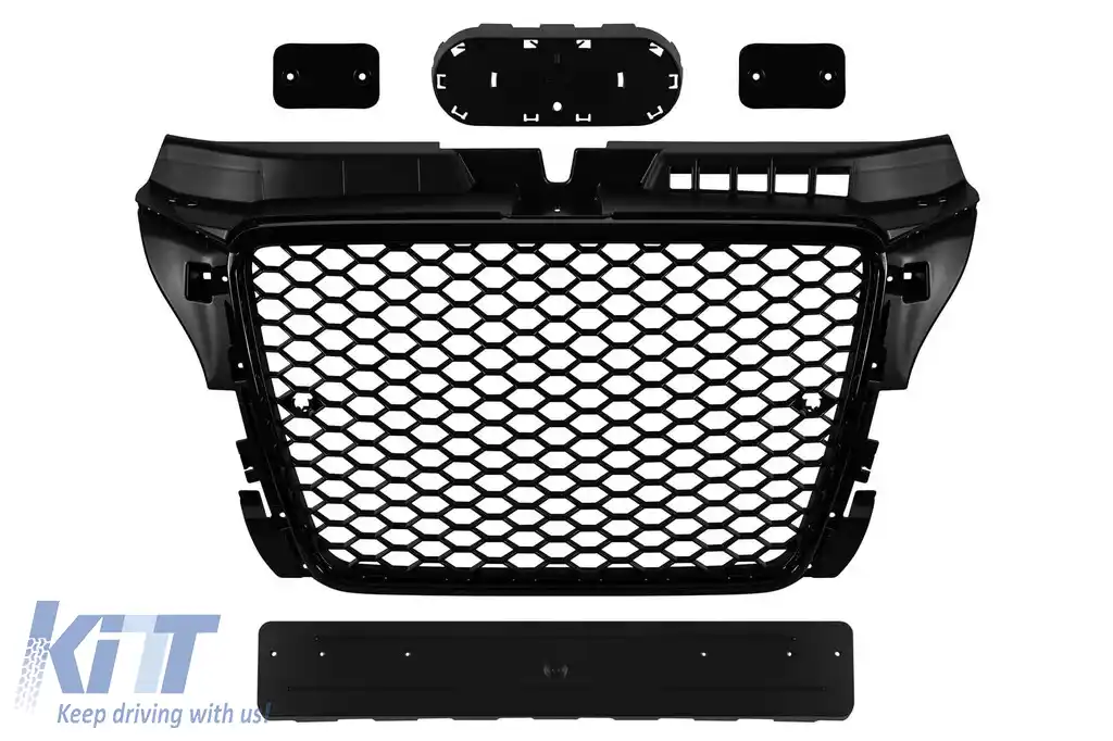 Grilaj tip RS cu lac negru, potrivit pentru Audi A3 hatchback, Sportback, cabrio 2009-2012 cu deschideri pentru senzori de parcare