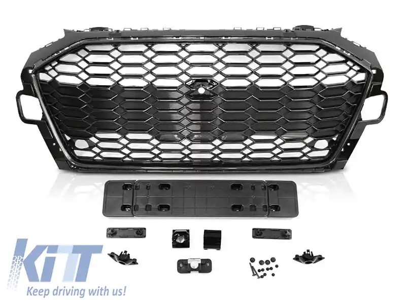 Grilaj tip RS cu lac negru, potrivit pentru Audi A4 B9 sedan, break după 2020, cu deschidere pentru cameră și PDC pentru bara de protecție standard