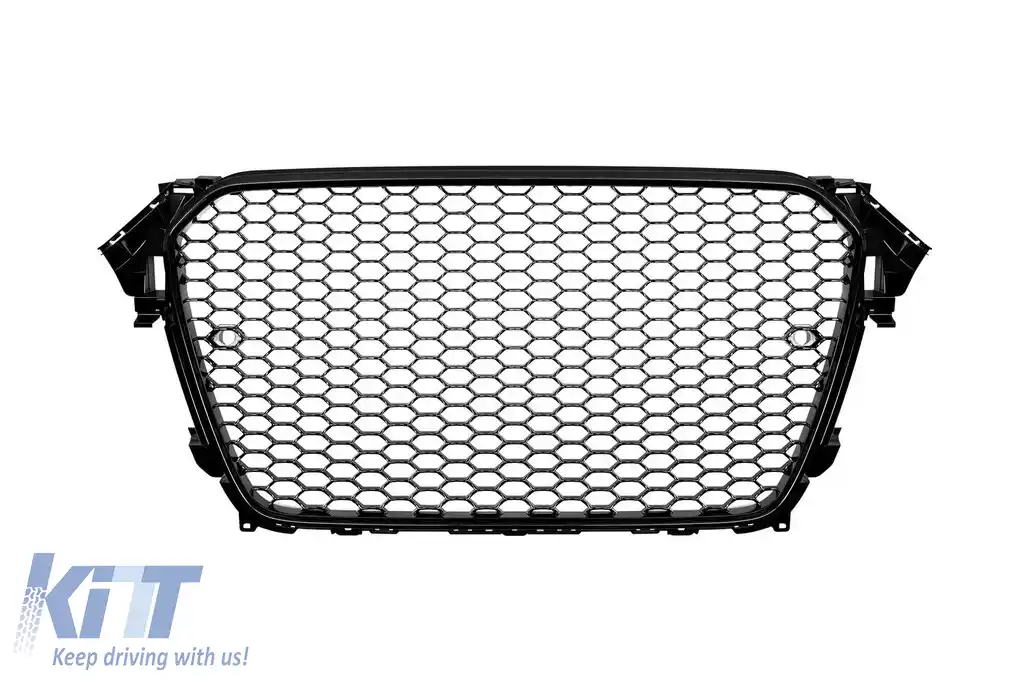 Grilaj tip RS vopsit negru, potrivit pentru Audi A4 B8 sedan, break după 2013, cu bază pentru emblemă, suporturi PDC și panou pentru număr