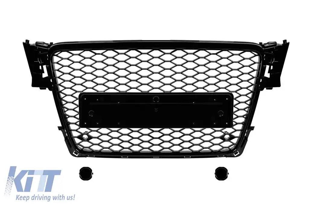 Grilaj tip RS4 cu lac negru, potrivit pentru Audi A4 2007-2011 pentru modelul echipat cu bara de protecție frontală standard, fără bază pentru emblemă, cu deschideri pentru senzori de parcare