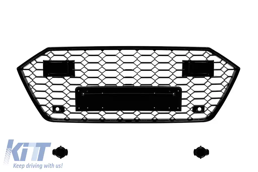 Grilaj tip RS7 cu lac negru, potrivit pentru Audi A7 Sportback după 2019 cu ACC, pentru modelul echipat cu bara de protecție standard sau S-line, cu deschideri pentru senzori de parcare