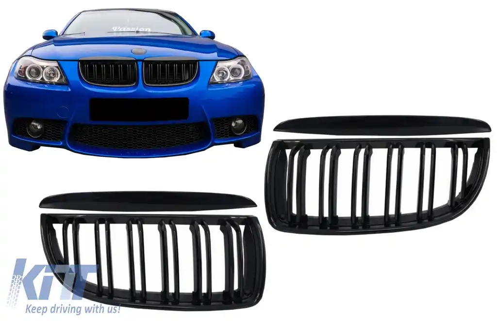 Grile Centrale Duble compatibil cu BMW Seria 3 E90 E91 Pre-LCI (2005-2008) M-Design Negru Lucios-image-6089308