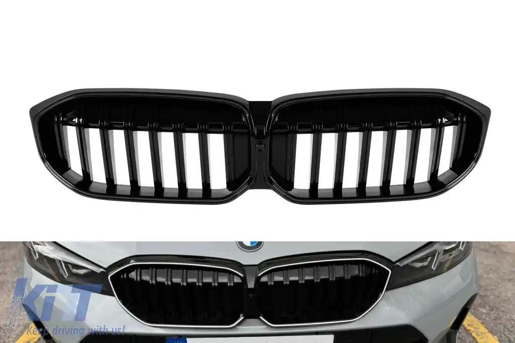 Grile de rinichi iluminate Iconic Glow cu lamele unice potrivite pentru BMW Seria 3 G20, G21 după 2023, lac negru