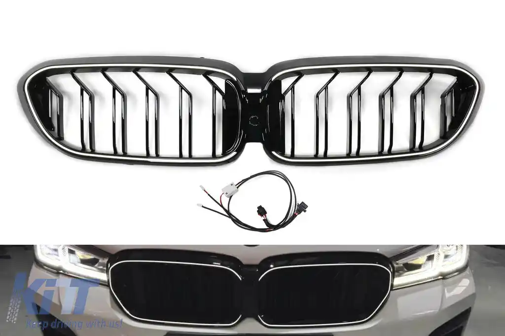 Grile de rinichi iluminate Iconic Glow stil LCI potrivite pentru BMW Seria 5 G30, G31 2020-2023, negru lucios