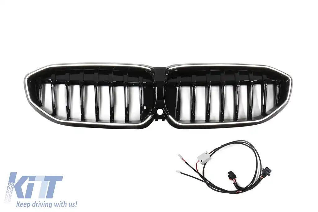 Grile de rinichi iluminate stil Iconic Glow cu lamele unice potrivite pentru BMW Seria 3 G20, G21 2019-2022, negru lucios