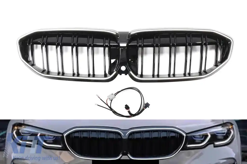 Grile de rinichi iluminate stil Iconic Glow cu fante duble potrivite pentru BMW Seria 3 G20, G21 2019-2022, negru lucios