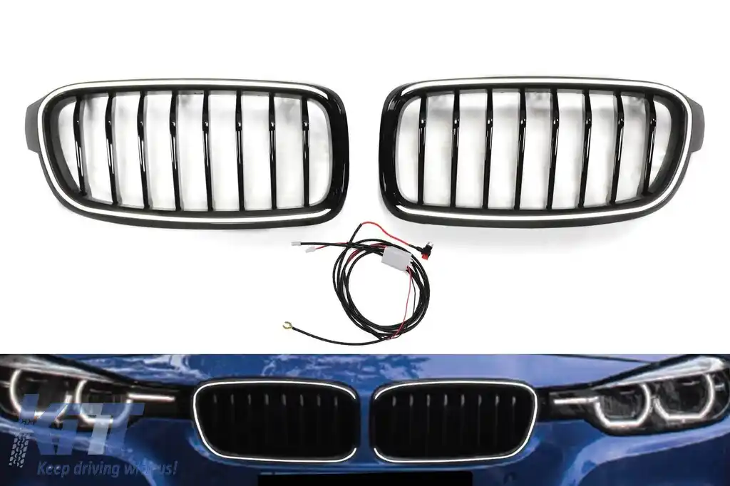 Grile de rinichi iluminate stil Iconic Glow cu lamele simple potrivite pentru BMW Seria 3 F30, F31 2012-2019, negru lucios