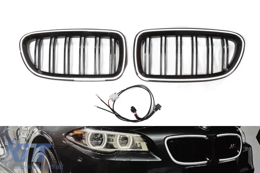 Grile de rinichi iluminate stil Iconic Glow cu fante duble potrivite pentru BMW Seria 5 F10, F11 2010-2017, negru lucios