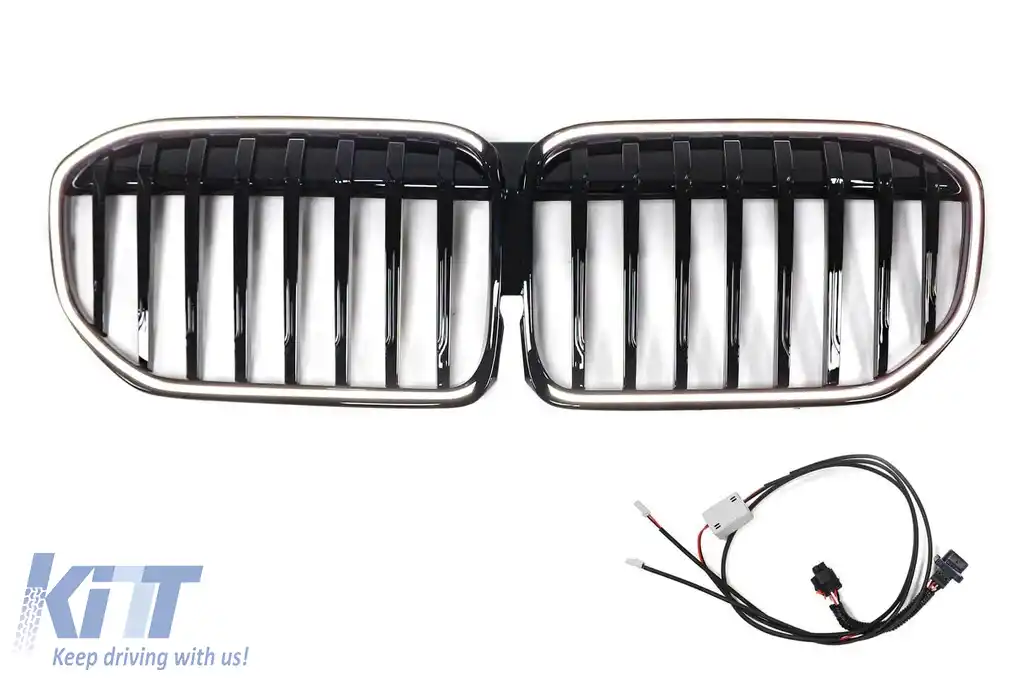 Grile de rinichi iluminate stil Iconic Glow cu lamele unice potrivite pentru BMW Seria 7 G11, G12 2020-2022, negru lucios