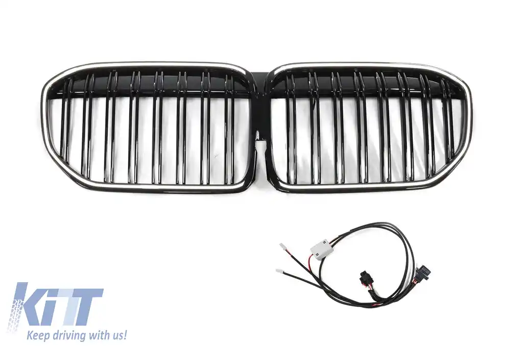 Grile de rinichi iluminate stil Iconic Glow cu lamele duble potrivite pentru BMW Seria 7 G11, G12 2020-2022, negru lucios