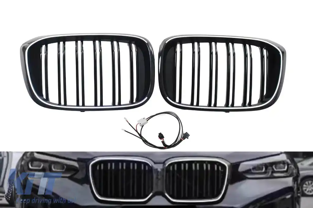 Grile de rinichi iluminate stil Iconic Glow cu fante duble potrivite pentru BMW X3 G01 2018-2022, negru lucios
