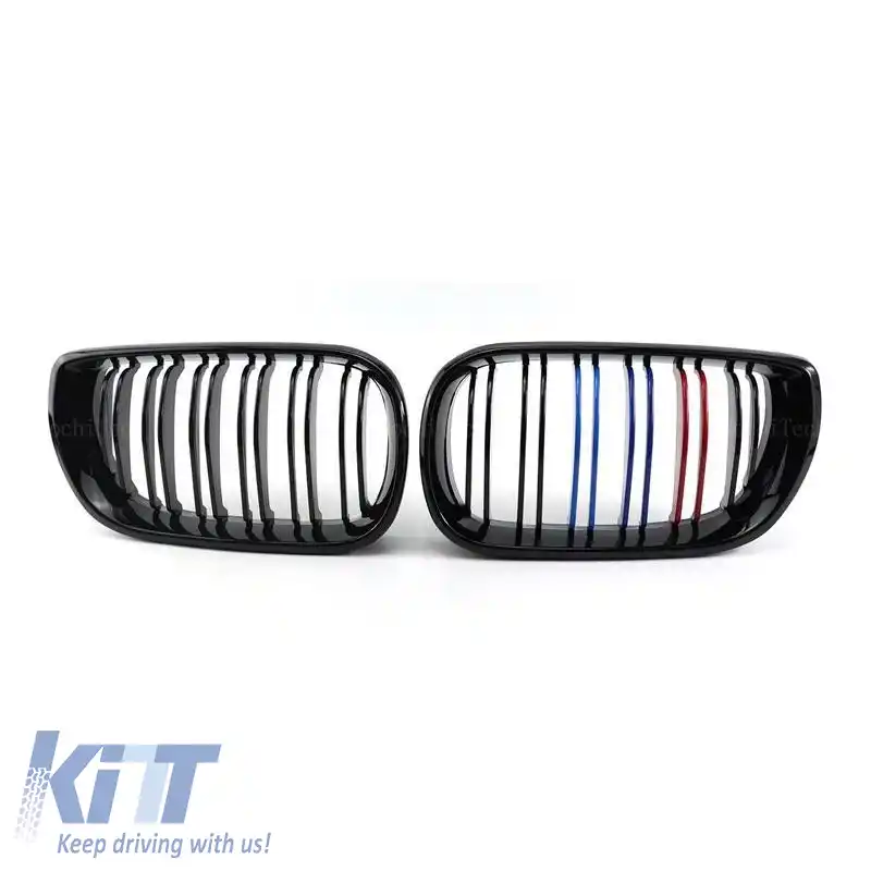Grile frontale potrivite pentru BMW 3 E46 02-05 Sedan/Touring M4 Look cu grilă dublă tri-color lucioasă neagră 2 buc.-image-6311302