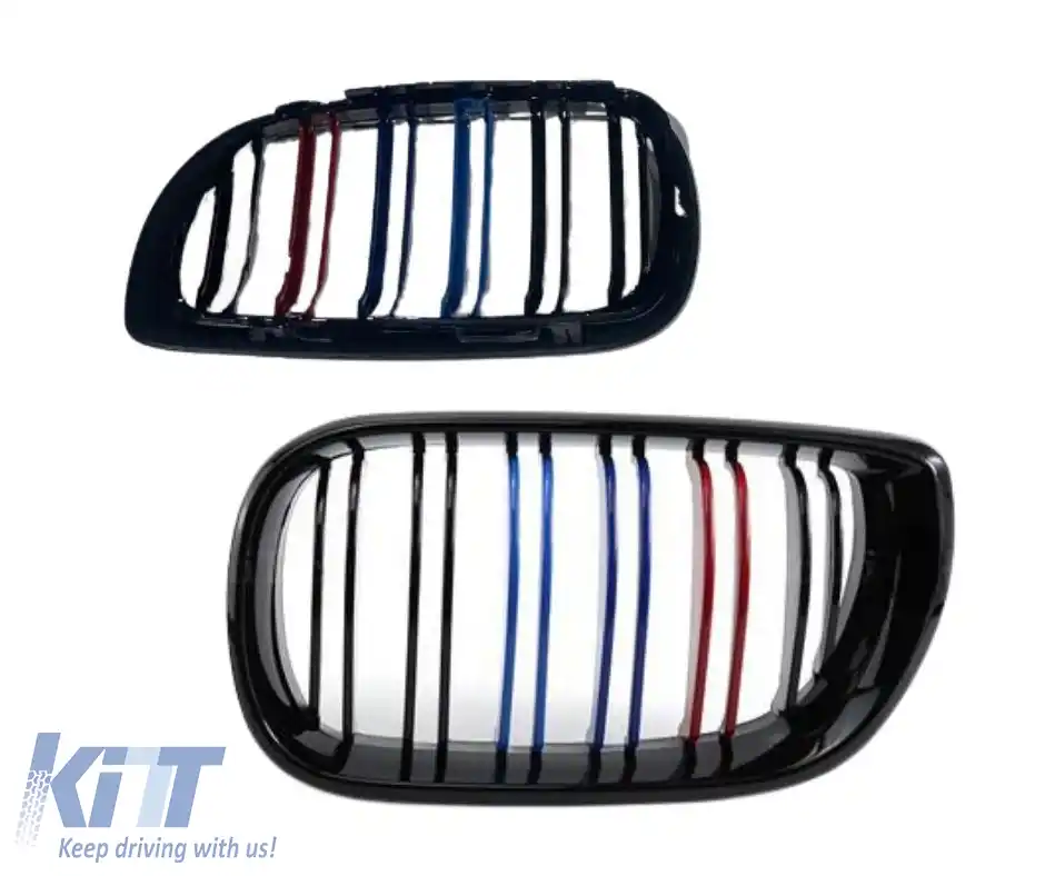 Grile frontale potrivite pentru BMW 3 E46 02-05 Sedan/Touring M4 Look cu grilă dublă tri-color glossy negru 2 buc.-image-6312175