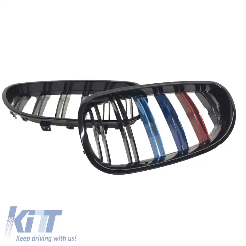 Grile frontale potrivite pentru BMW 5 E60 03-11 M4 Look cu grilă dublă tri-color / negru lucios 2 buc.-image-6295959