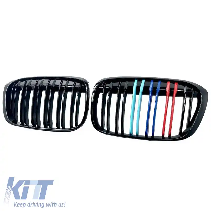 Grile frontale potrivite pentru BMW X1 F48 14-19 M4 Look cu grilă dublă tri-color glossy negru 2 bucăți-image-6308329