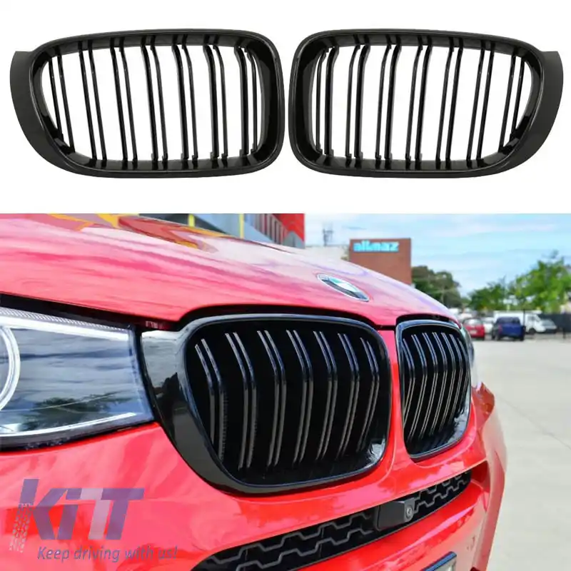 Grile frontale potrivite pentru BMW X3 F25 LCI 14-17 / X4 F26 14-17 aspect M4 cu grilă dublă, negru lucios, cu 7 grile 2 buc.-image-6299503