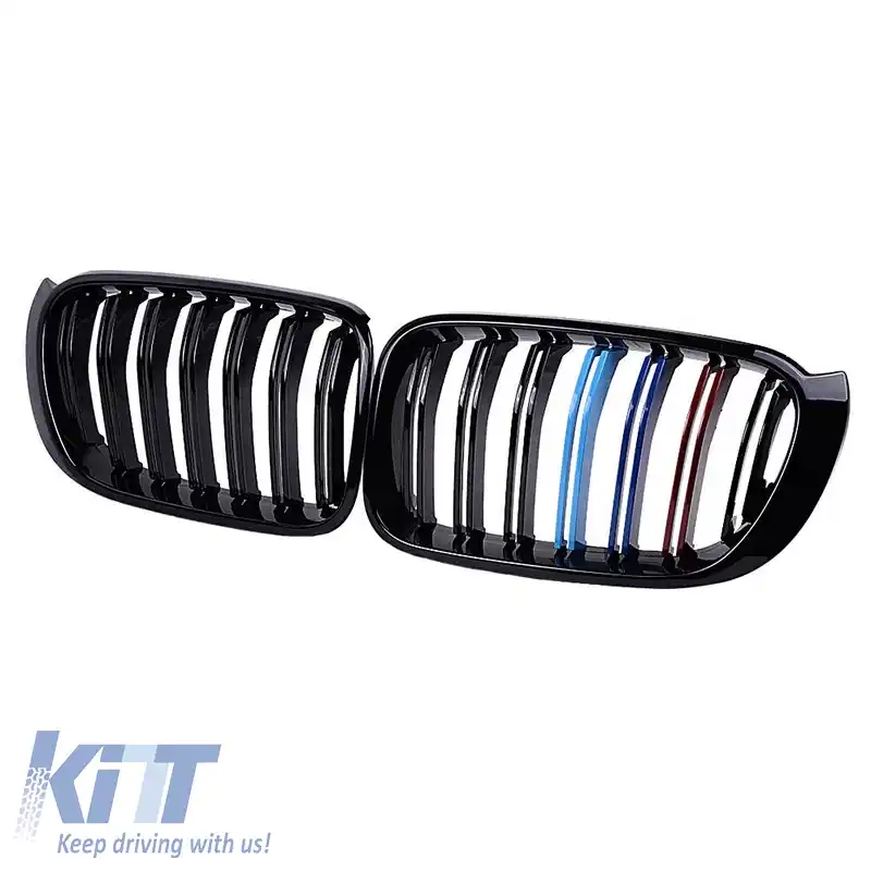 Grile frontale potrivite pentru BMW X3 F25 LCI 14-17 / X4 F26 14-17 aspect M4 cu grilă dublă tri-color glossy black cu 7 grile 2 buc.-image-6307355