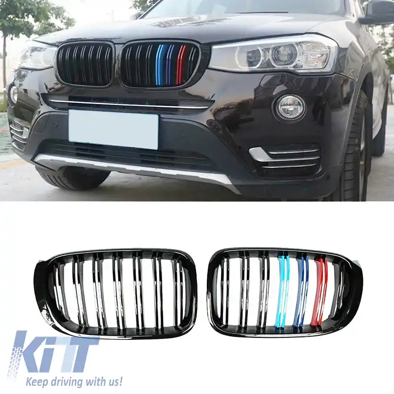 Grile frontale potrivite pentru BMW X3 F25 LCI 14-17 / X4 F26 14-17 aspect M4 cu grilă dublă tri-color negru lucios cu 7 grile 2 buc.-image-6308315