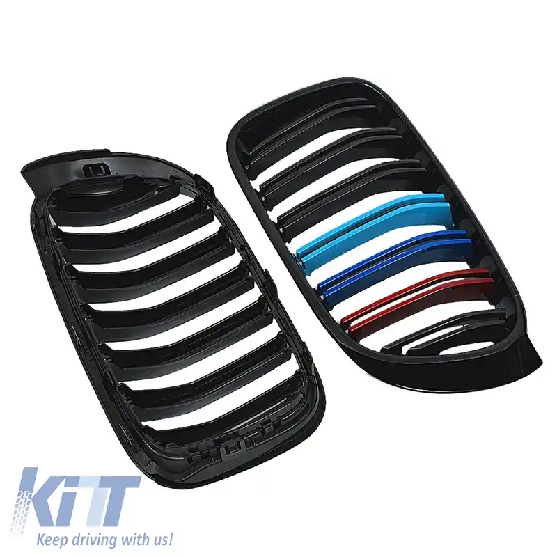 Grile frontale potrivite pentru BMW X3 F25 LCI 14-17 / X4 F26 14-17 aspect M4 cu grilă dublă tri-color negru lucios cu 7 grile 2 buc.-image-6308316