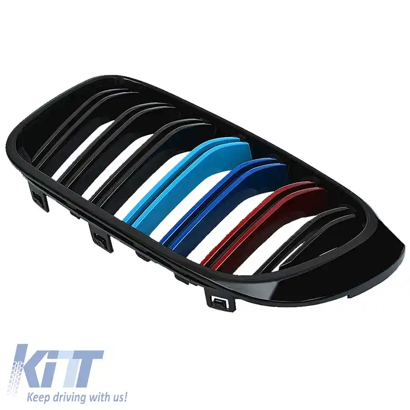 Grile frontale potrivite pentru BMW X3 F25 LCI 14-17 / X4 F26 14-17 aspect M4 cu grilă dublă tri-color negru lucios cu 7 grile 2 buc.-image-6308319