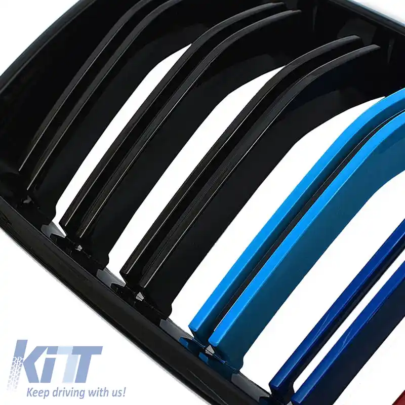 Grile frontale potrivite pentru BMW X3 F25 LCI 14-17 / X4 F26 14-17 aspect M4 cu grilă dublă tri-color negru lucios cu 7 grile 2 buc.-image-6308321