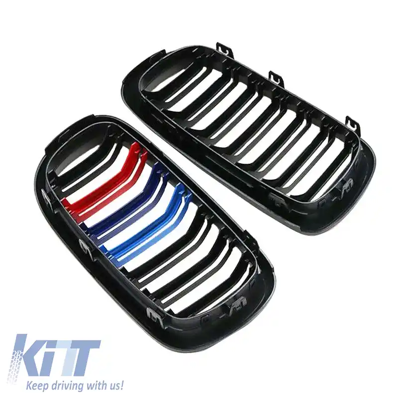 Grile frontale potrivite pentru BMW X5 F15 / X6 F16 13-18 M4 Look cu grilă dublă tri-color negru lucios 2 buc.-image-6307336