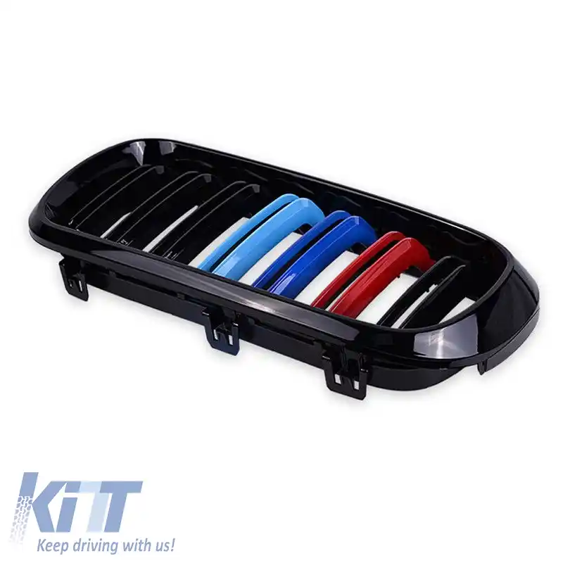 Grile frontale potrivite pentru BMW X5 F15 / X6 F16 13-18 M4 Look cu grilă dublă tri-color negru lucios 2 buc.-image-6307337