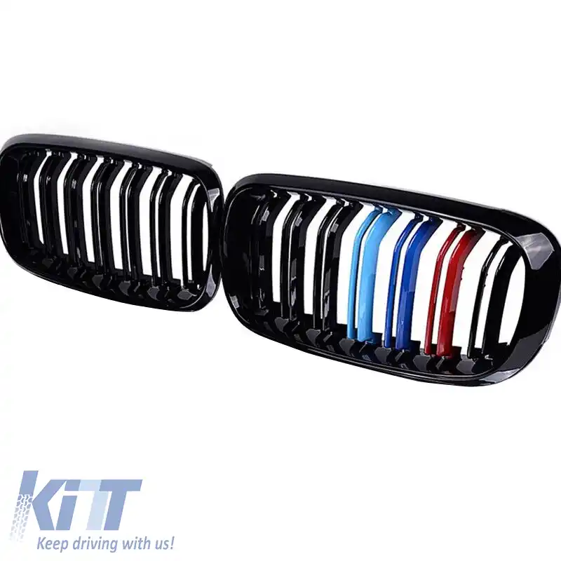 Grile frontale potrivite pentru BMW X5 F15 / X6 F16 13-18 M4 Look cu grilă dublă tri-color negru lucios 2 buc.-image-6308305