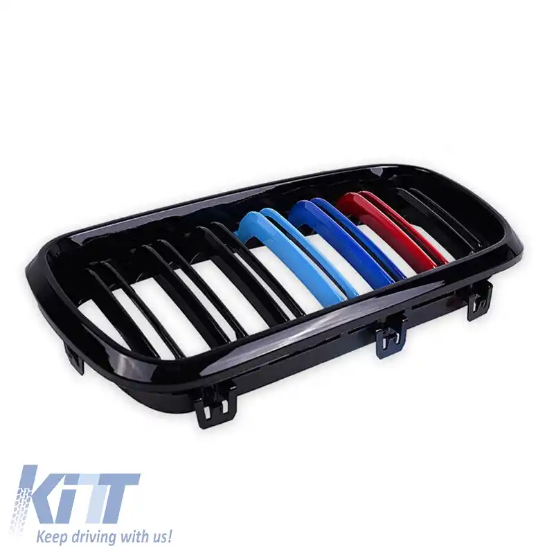 Grile frontale potrivite pentru BMW X5 F15 / X6 F16 13-18 M4 Look cu grilă dublă tri-color negru lucios 2 buc.-image-6308308