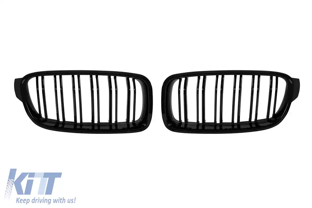 Grile rinichi cu două lamele, lucioase, negre, potrivite pentru BMW Seria 3 F30 Sedan, F31 Touring 2011-2019