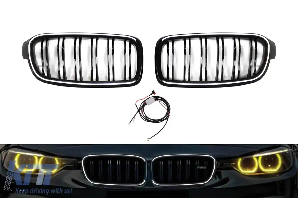 Grile rinichi iluminate stil Iconic Glow cu fante duble potrivite pentru BMW Seria 3 F30, F31 2012-2019, negru lucios
