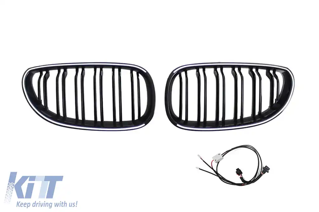 Grile rinichi iluminate stil Iconic Glow cu lame duble potrivite pentru BMW Seria 5 E60, E61 2003-2010, negru lucios