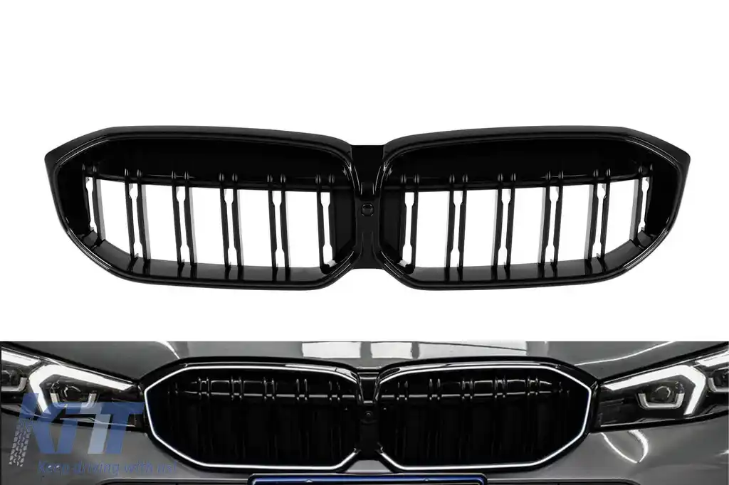 Grilele de rinichi iluminate Iconic Glow cu lamele duble potrivite pentru BMW Seria 3 G20, G21 după 2023, lac negru