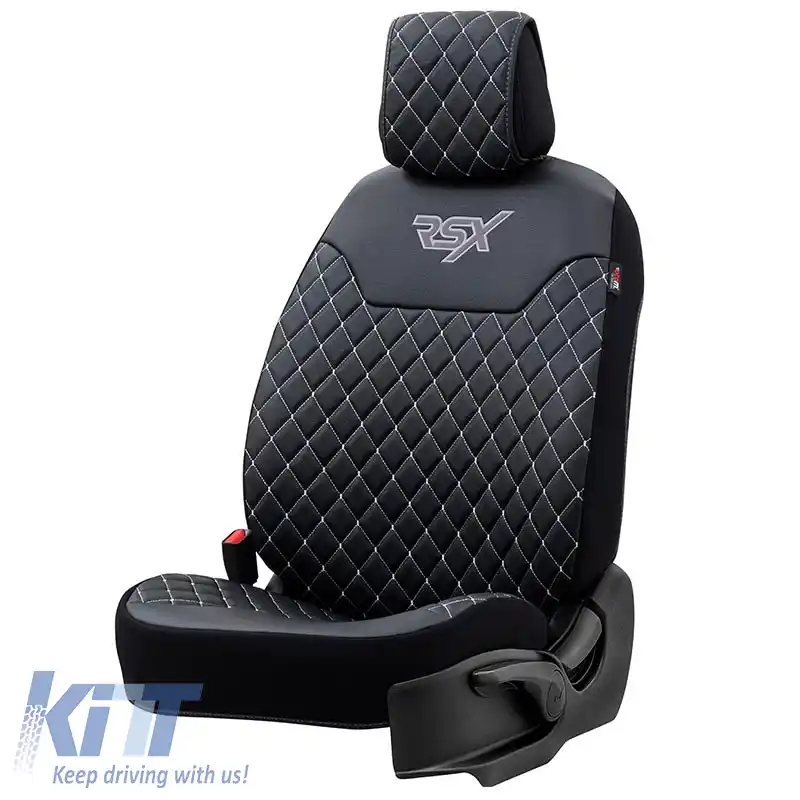 Husă semi pentru scaun potrivită pentru Otom RSX brodată cu diamant PVC negru cu cusături albe RSXD-102 1 bucată-image-6305177