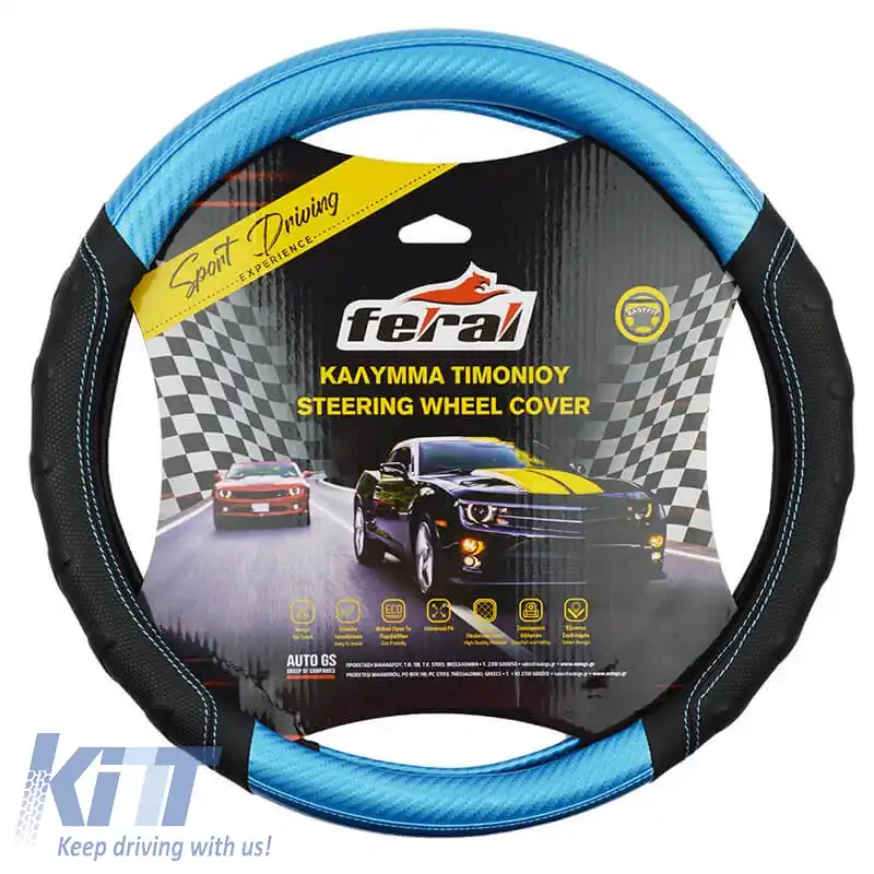 Husa Volan PU Speed Negru / Albastru Carbon Cu Cusături Albastre Medie 38cm