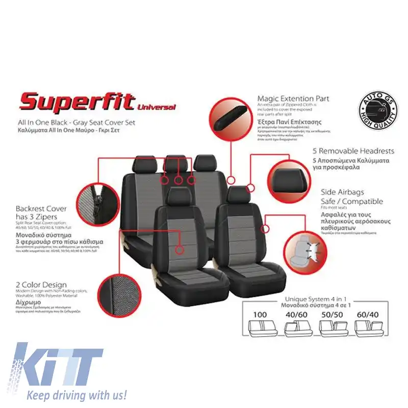 Huse de scaun Super Fit într-un set negru-gri, față-spate, 10 piese-image-6292484