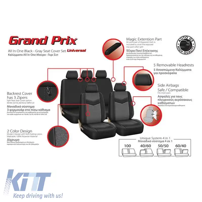 Huse de scaune Grand Prix All In One Set Negru-Gri 14 Piese Față-Spate-image-6292408