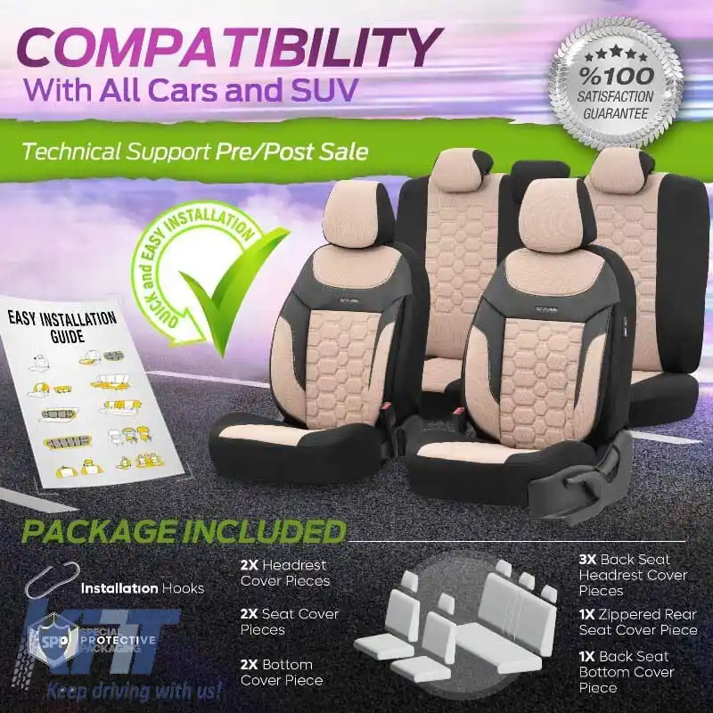 Huse de scaune Otom Carbon Design Universal Jacquard / Rachel / Piele artificială Set față / spate 11 piese Bej CRB-3403-image-6306227