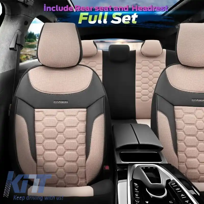Huse de scaune Otom Carbon Design Universal Jacquard / Rachel / Piele artificială Set față / spate 11 piese Bej CRB-3403-image-6306228