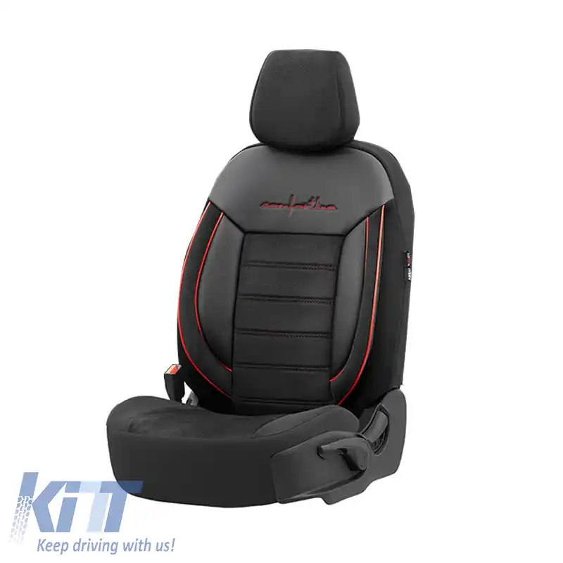 Huse de scaune Otom Comfortline Design Universal Sued / Rachel / Piele artificială Set față / spate 11 piese Negru cu fir roșu CMF-218-image-6305316