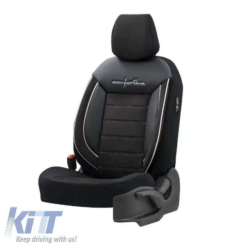 Huse de scaune Otom Comfortline Design Universal Sued / Rachel / Piele artificială Set față / spate 11 piese Negru cu sfoară albă CMF-217-image-6305321