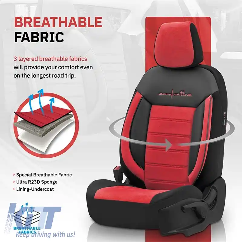 Huse de scaune Otom Comfortline Design Universal Sued / Rachel / Piele artificială Set față / spate 11 piese Negru - Roșu CMF-207-image-6305327