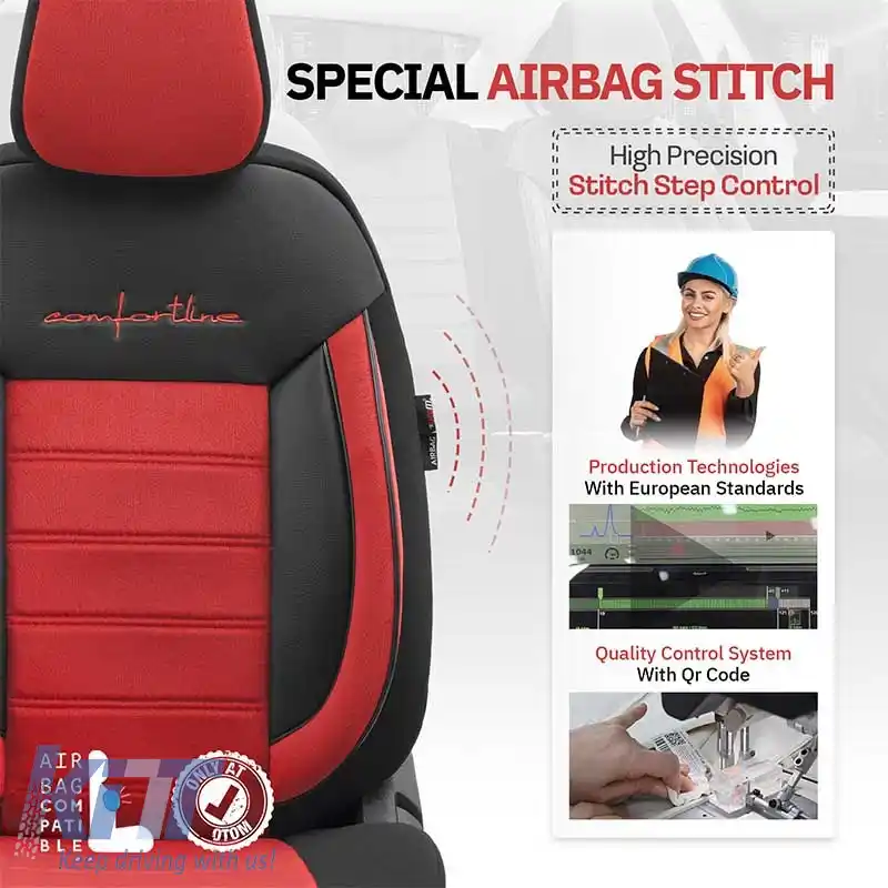 Huse de scaune Otom Comfortline Design Universal Sued / Rachel / Piele artificială Set față / spate 11 piese Negru - Roșu CMF-207-image-6305328